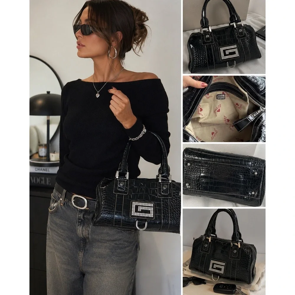 Guess Y2K Rhinestone Bag Black Croc McBling 2000s Bratz It Girl Vintage Purse